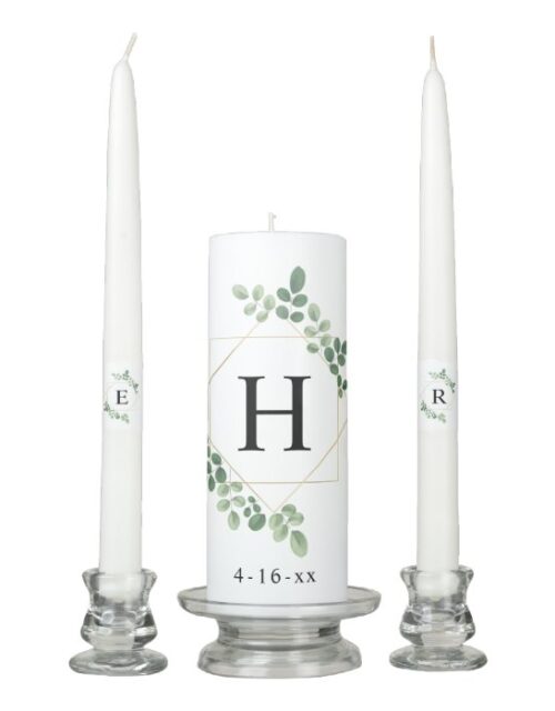 Botanical Greenery Geometric Monogram Wedding Date Unity Candle Set