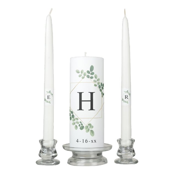 Botanical Greenery Geometric Monogram Wedding Date Unity Candle Set