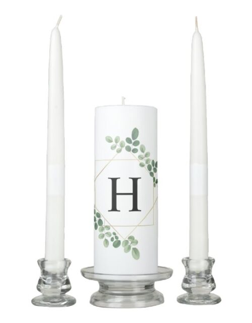 Botanical Greenery Geometric Monogram Wedding Unity Candle Set