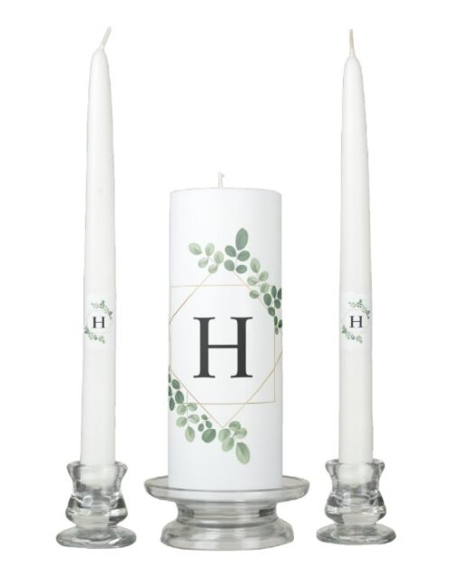 Botanical Greenery Geometric Monogrammed Wedding Unity Candle Set