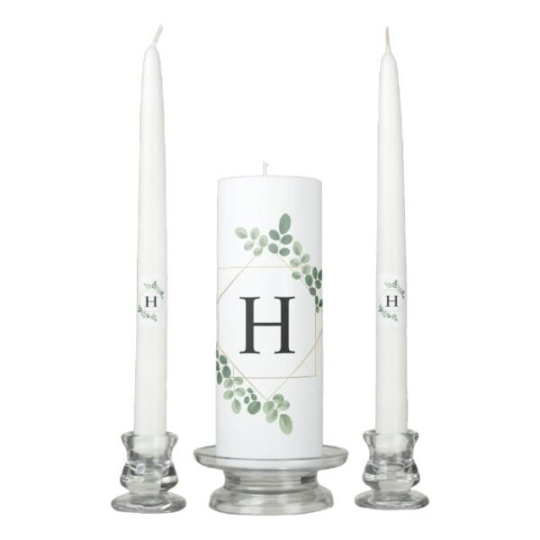 Botanical Greenery Geometric Monogrammed Wedding Unity Candle Set