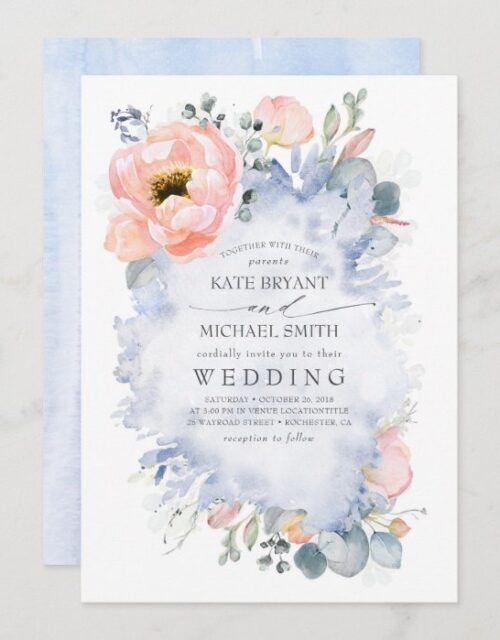Botanical Peach Flowers Dusty Blue Wedding Invitation