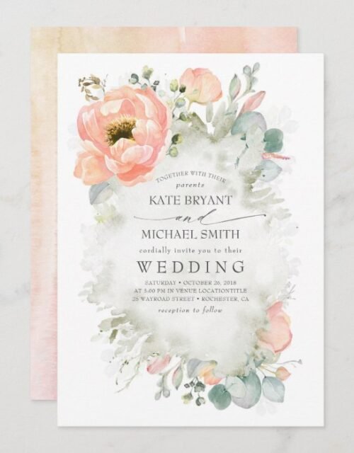 Botanical Peach Flowers Elegant Garden Wedding Invitation