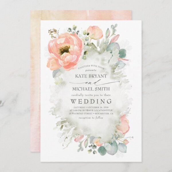 Botanical Peach Flowers Elegant Garden Wedding Invitation