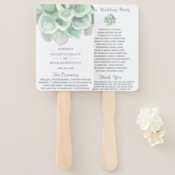 Botanical Sage Green Succulent Wedding Program Hand Fan