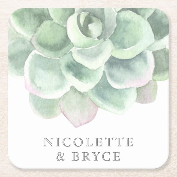 Botanical Sage Green Watercolor Succulent Wedding Square Paper Coaster