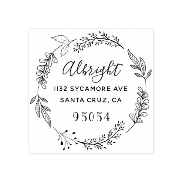 Botanical Wreath Family Rustic Script Address Rubber Stamp