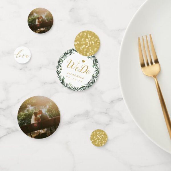 Botanical Wreath Personalized Gold Wedding Table Confetti