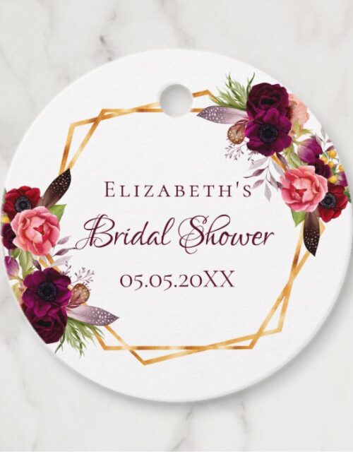 Bridal Shower florals geometric burgundy Favor Tags