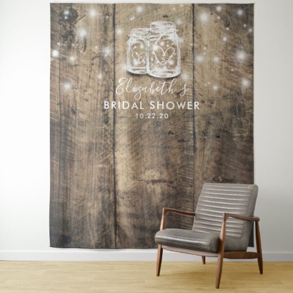 Bridal Shower Photo Backdrop Wood Mason Jar Lights