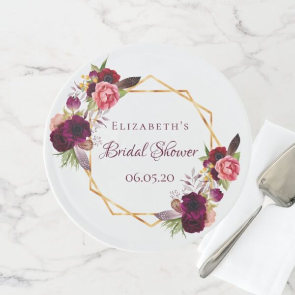Bridal shower watercolored florals burgundy gold cake stand