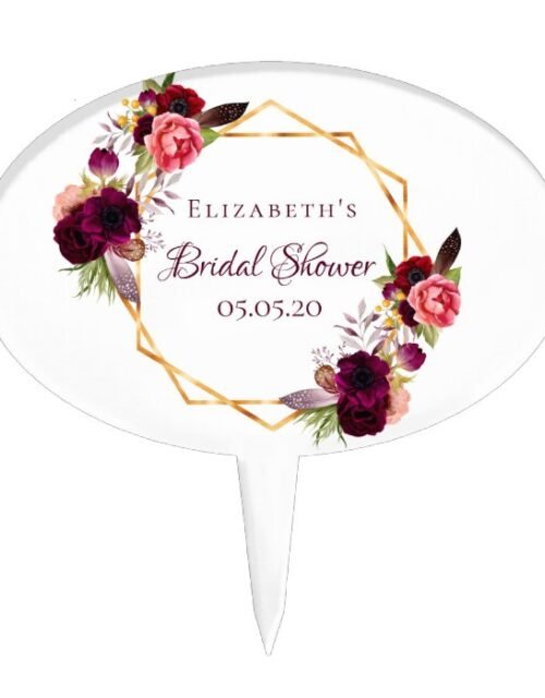 Bridal shower watercolored florals burgundy gold cake topper