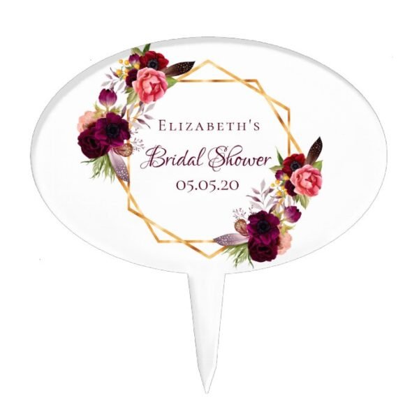 Bridal shower watercolored florals burgundy gold cake topper
