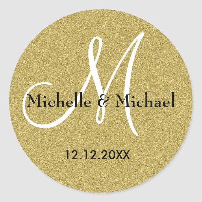 Bride And Groom Monogram Gold Glitter Classic Round Sticker