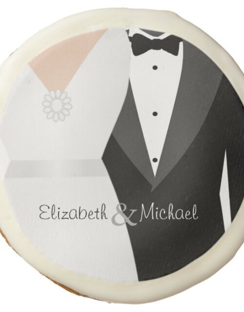 Bride & Groom Tuxedo & Wedding Gown Custom Names Sugar Cookie