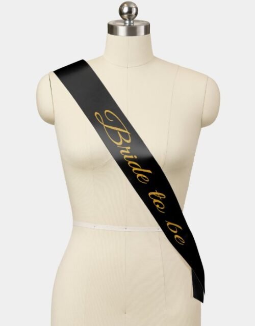 Bride to be black gold glitter script sash