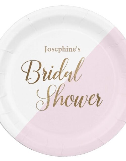 Bride to be name Pink Gold Bridal Shower Script Paper Plate