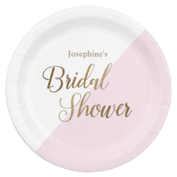 Bride to be name Pink Gold Bridal Shower Script Paper Plate
