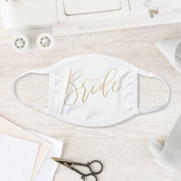 Bride Wedding Elegant Brush Script Gold & White Face Mask