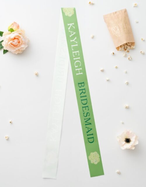 Bridesmaid custom text green white roses sash