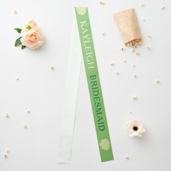 Bridesmaid custom text green white roses sash