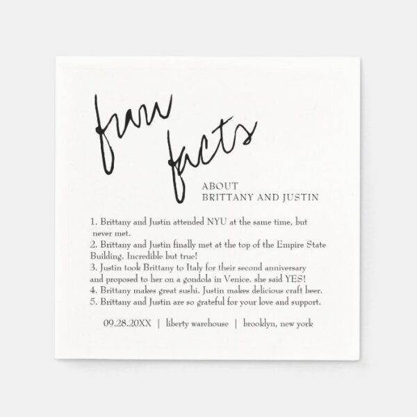 Brittany Black White Fun Facts Cocktail Wedding Napkins