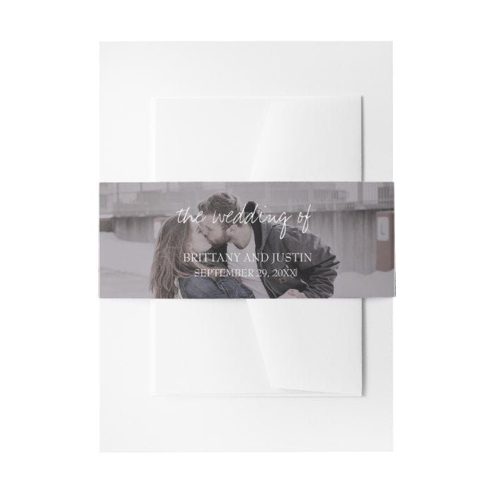 Brittany Simple White Typography Photo Invitation Belly Band