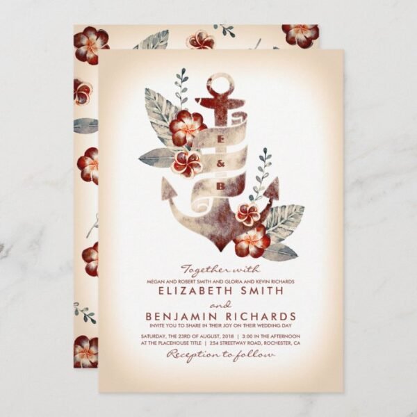 Burgundy and Champagne Nautical Beach Wedding Invitation