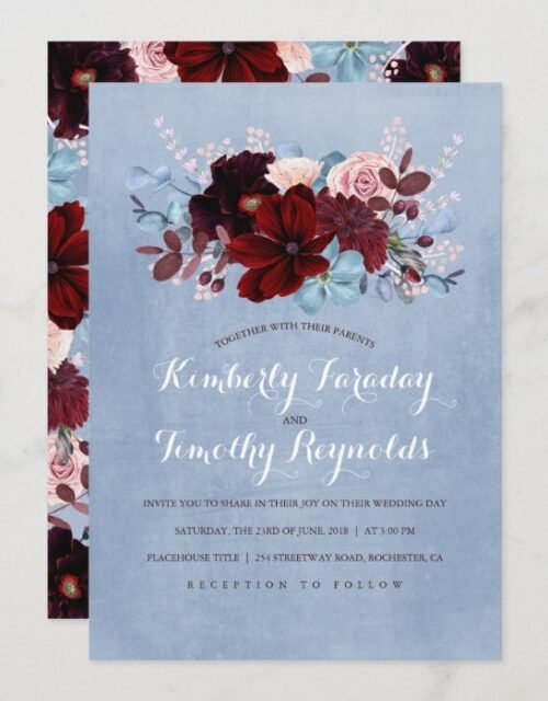 Burgundy and Dusty Blue Floral Elegant Wedding Invitation