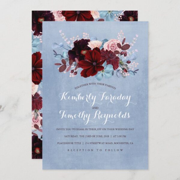 Burgundy and Dusty Blue Floral Elegant Wedding Invitation