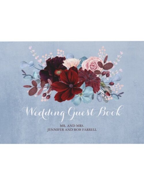 Burgundy and Dusty Blue Floral Wedding Guest Book