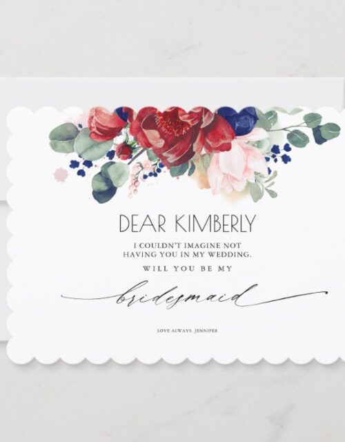 Burgundy and Navy Blue Floral Be My Bridesmaid Invitation