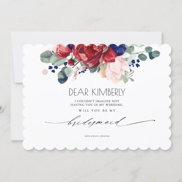 Burgundy and Navy Blue Floral Be My Bridesmaid Invitation