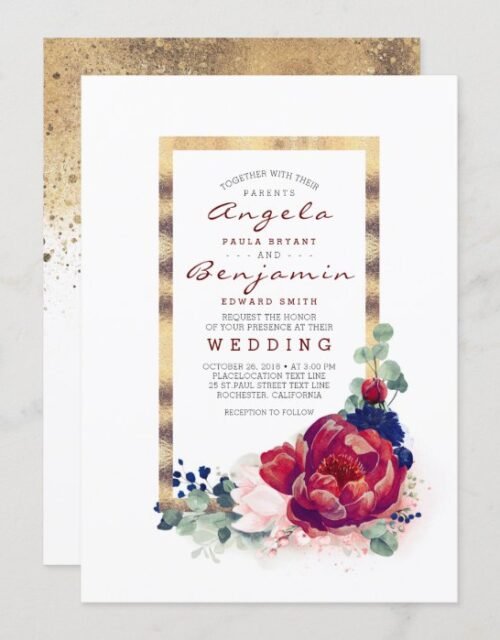 Burgundy and Navy Blue Floral Gold Frame Wedding Invitation