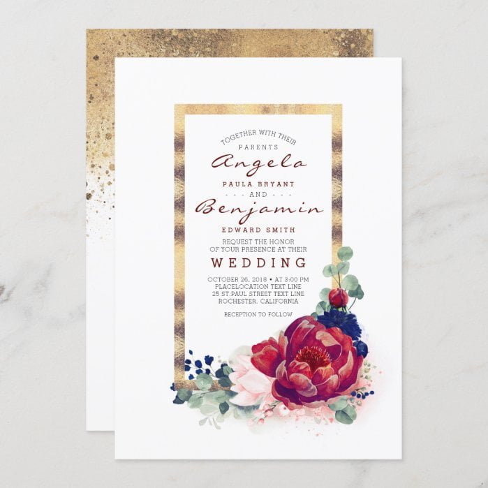 Burgundy and Navy Blue Floral Gold Frame Wedding Invitation
