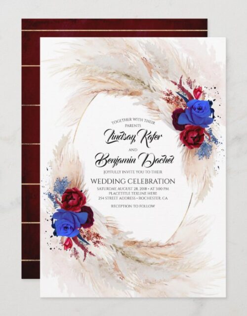 Burgundy and Navy Blue Floral Pampas Grass Wedding Invitation