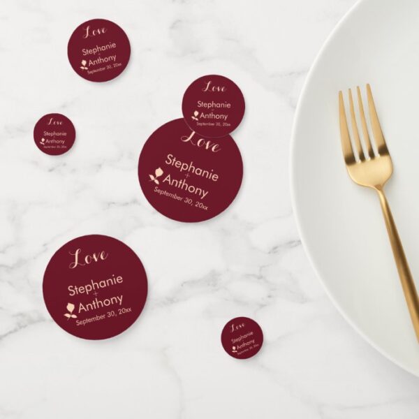 Burgundy and Rose Gold Leaves Wedding Love Confetti