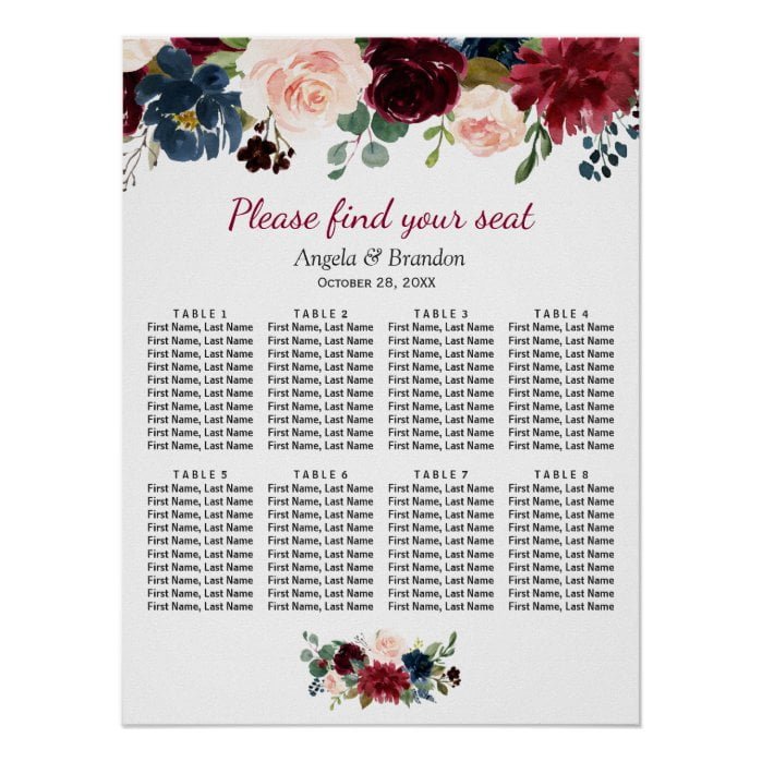 Burgundy Blush Blue Floral Wedding Seating Chart