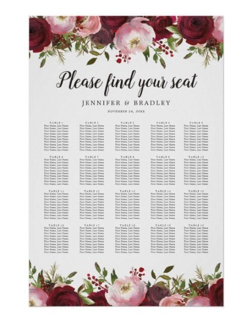 Burgundy Blush Floral Wedding 20 Table Chart