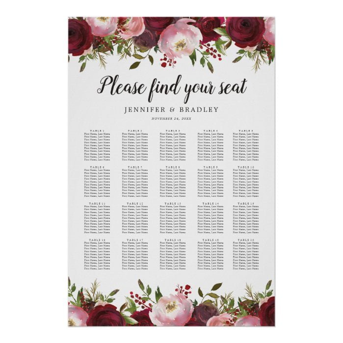 Burgundy Blush Floral Wedding 20 Table Chart