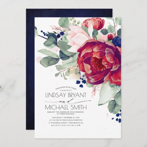 Burgundy Blush Navy Blue Floral Elegant Wedding Invitation