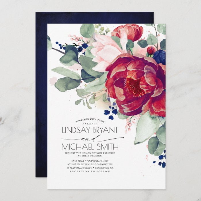 Burgundy Blush Navy Blue Floral Elegant Wedding Invitation