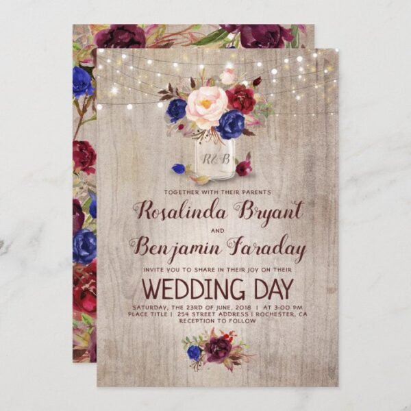 Burgundy Blush Navy Blue Floral Rustic Wedding Invitation