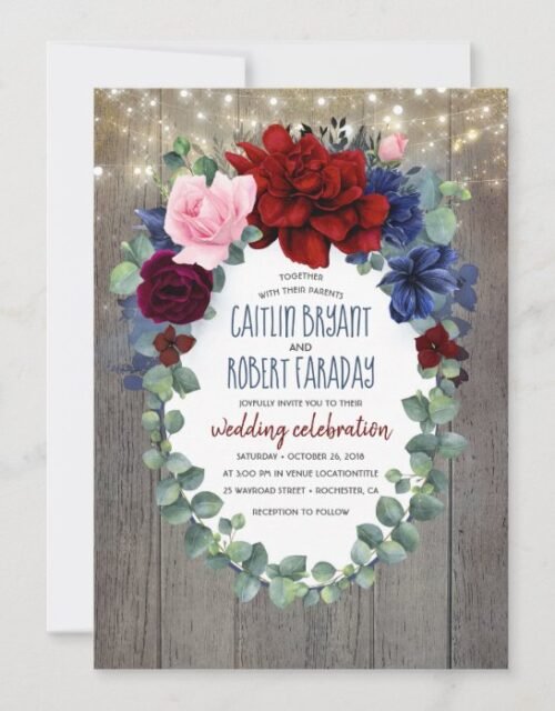 Burgundy Blush Navy Blue Floral Rustic Wedding Invitation