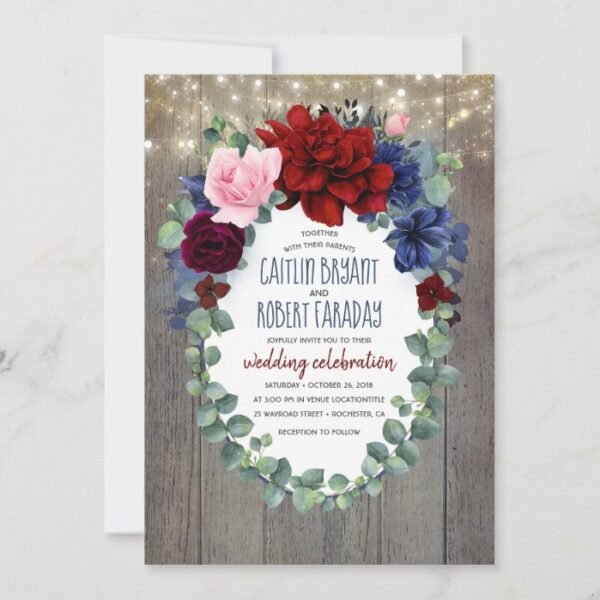 Burgundy Blush Navy Blue Floral Rustic Wedding Invitation