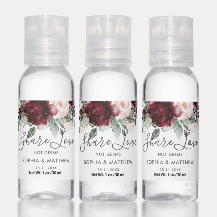 Burgundy Blush Pink Floral Wedding Favor Hand Sanitizer