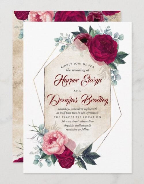 Burgundy Blush Pink Gold Floral Geometric Wedding Invitation
