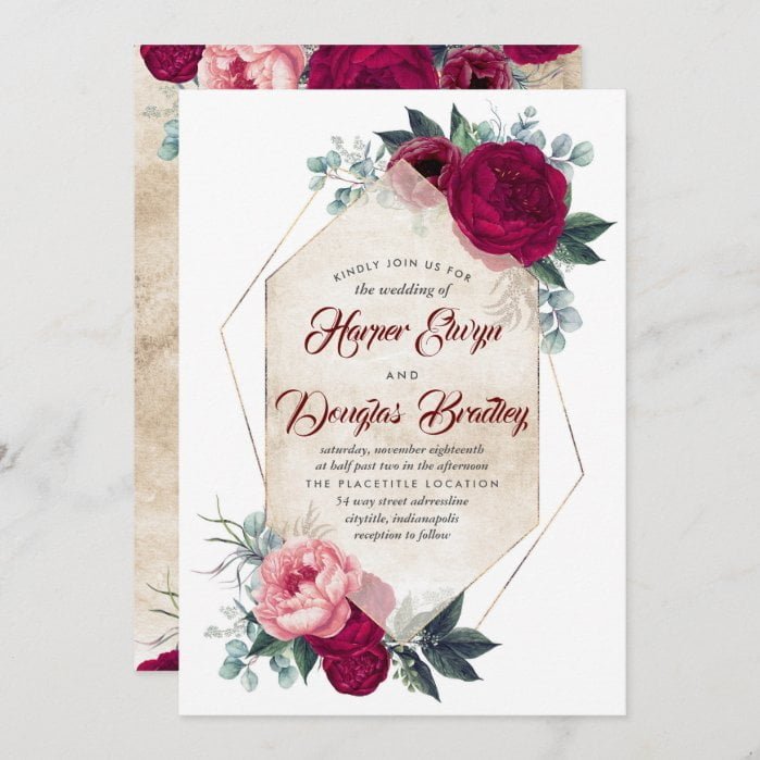 Burgundy Blush Pink Gold Floral Geometric Wedding Invitation