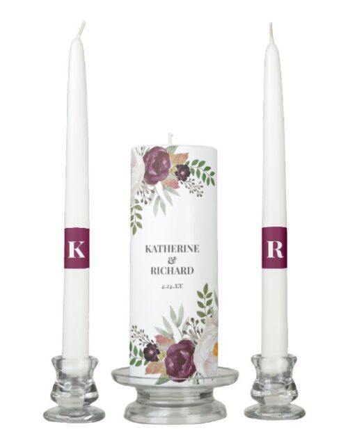Burgundy Blush Watercolor Floral Wedding Unity Candle Set
