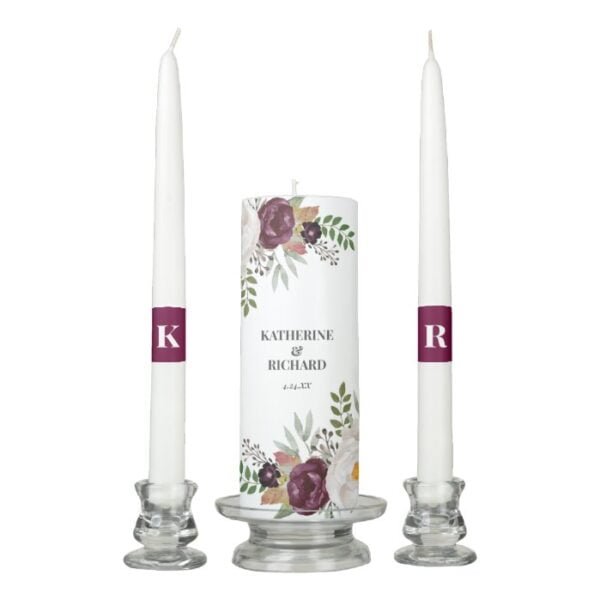 Burgundy Blush Watercolor Floral Wedding Unity Candle Set